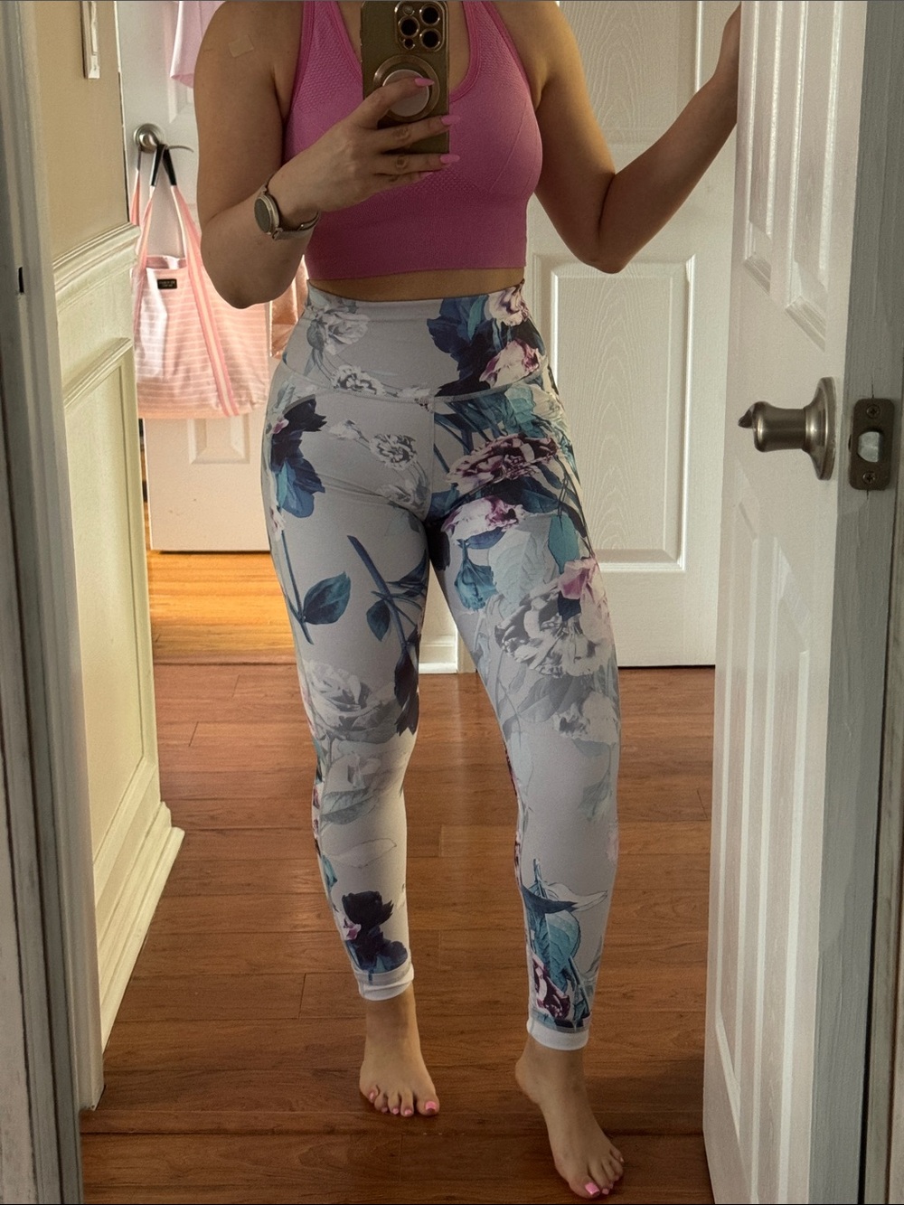 Fabletics Floral High-Rise Leggings in White with Blue & Pink Accents